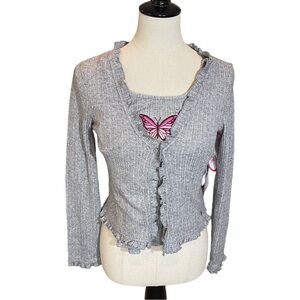 Justice Girls Gray Ribbed Cardigan Top Pink Butterfly Long Sleeve Size L (10/12)